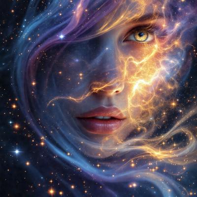 The primary subject of the image is a woman with purple hair, who is the main focus of the scene. She is surrounded by a beautiful and colorful background, which includes a starry sky. The visual style of the image is digital art, as it appears to be a painting or drawing with a digital touch. The colors and mood of the image are vibrant and lively, with the woman's purple hair and the starry sky creating a sense of wonder and magic.
